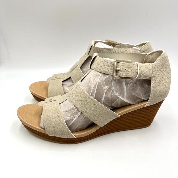 9.5W 9.5 WIDE WIDTH Dr Scholls Beige Oatmeal Snakeskin Wedges Sandals Shoes - Picture 6 of 15